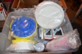 Box Of Plastic And Styrofoam Plates, Cups And Silverware