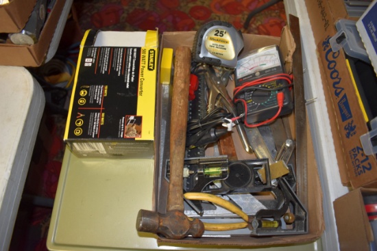 Stanley 500 Watt Converter, Squares, Hammer, Tape Measure, Assortment Of Tools