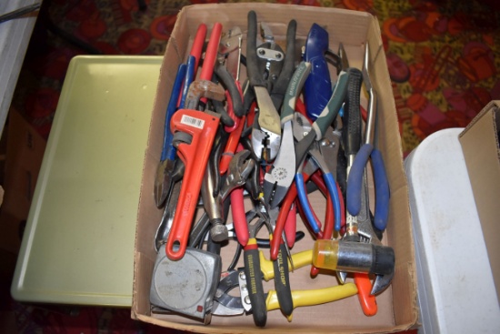Large Assortment Of Pliers, Snips, Pipe Wrench