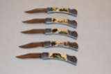 (5) Folding Collector Knives With Wildlife On Handle, Bass, Moose, Wolf, Whitetail & Eagle