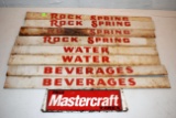 (8) Shelving Rack Display Signs, Rock Spring, Water, Beverages, And Mastercraft Tire, 26'' Long