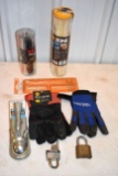 2 Sets Of Work Gloves Size Large, Padlock With Key, 1 7/8 Trailer Coupler, Zip Ties