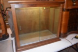Walnut Glass Sliding Doors Lighted Display Cabinet, 36.5'' Wide, 32'' Tall, 18'' Deep,  Pickup Only