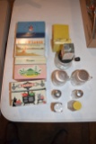 4 Recipe Boxes, Glass Cut Grinder, Match Safe, Assortment Of Glass Salt And Pepper Shakers