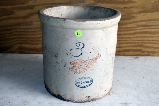 3 Gallon Big Wing Red Wing Crock, Appears To Be In Good Shape