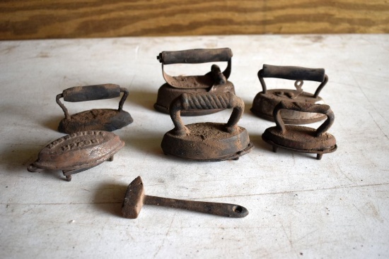 Assortment Of Small Sad Irons (6) Total, And Small Hammer