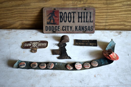 De Lavel Match Safe, Boot Hill Dodge City Kansas License Plate Holder, Slow Down License Plate Toppe