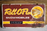 Roll-O-Flex Snowmobiles Dealer Double Sided Tin Sign, With Damage, 32'' Wide By 18'' Tall