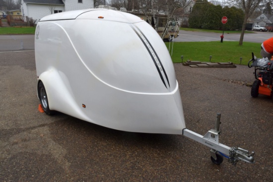 2000 Excaliber Fiberglass Enclosed Motorcycle Trailer, Rear Ramp, Raisable Roof, 2000GVW