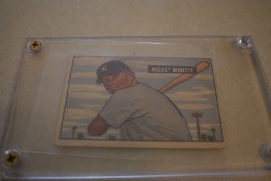 1951 Bowman Gum, Mickey Mantle Baseball Card, Ungraded, In Plasctic Display Holder, Card Is 3''x2''