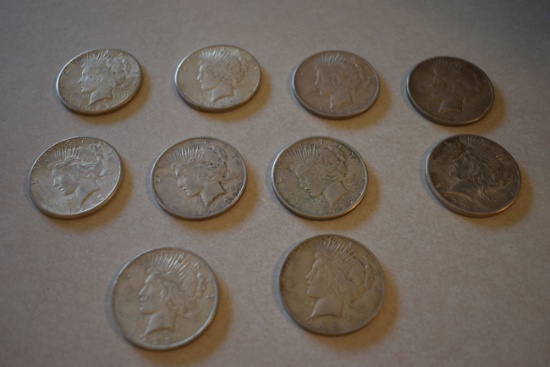 (10) Peace Silver Dollars, Assorted Years, All Ungraded