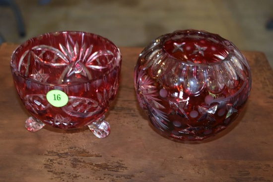 Red Cut Crystal Footed Dish And Bud Vase