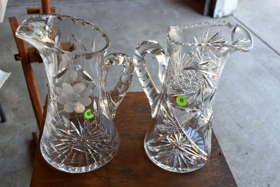 (2) Leaded Crystal Cut Glass Water Pitchers, One Has Damage