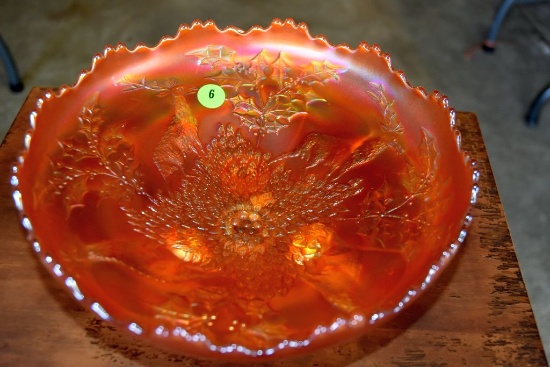 Carnival Glass Footed Bowl With Stag With Holly