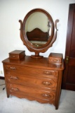 The Davis Cabinet Company From Nashville, Aged Walnut 3 Drawer Mirrored Dresser, With Hankey Drawers