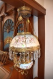 Very Ornate Hanging Kerosene Lamp, Hand Painted, With Prisms,