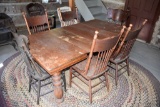 Square Oak Table, 74''x42'' With 3 Leaves, With 4 Leather Bottom Pressback Chairs, And 2 Wood Bottom