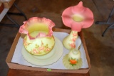 Fenton Bowls And Vase, Hand Painted And Signed, Fenton Bell Painted And Signed