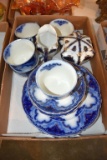 Blue Transferware Cups, Saucers And Plates, Creamer/Sugar