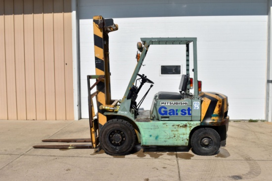 Mitsubishi Model FG25 Forklift, 7.00-12 Hard Surface Tires, Gas Engine, Very Good Condition, 5500 lb