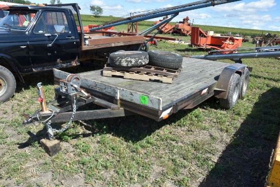 1988 Tandem Axle Flat Bed Trailer, 16’, 83" Wide, Hand Crank Winch, Ramps, Lights