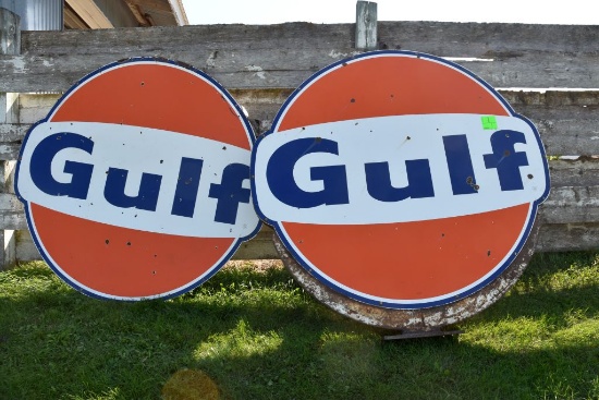 Gulf Double Sided Porcelain Sign, Metal Holder Frame, 79" Wide, 72" Tall, SPS-67