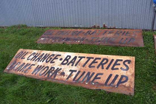 (2) Oil Change, Batteries, Brake Work, Tune Up Single Sided Tin Signs, 94" Wide, 24" Tall