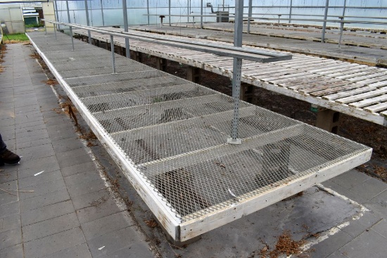 (4) 6'x12', (1) 6'x8' Wooden Frame With Mesh Greenhouse Benches, Sells With Center Rack