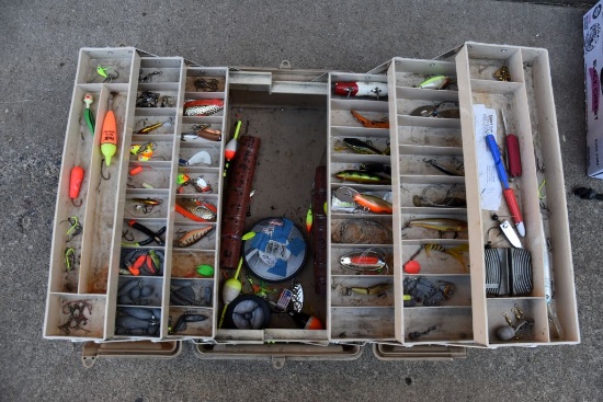 Tackle Box With Assortment Of, Wooden Lures, Bobbers, Storm Shad, Line, Weights, Fingernail Trimmer,
