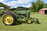 John Deere G, N/F, Styled, Electric Start, Rear Wheel Weights, With JD 45 Loader Manure Tine Bucket
