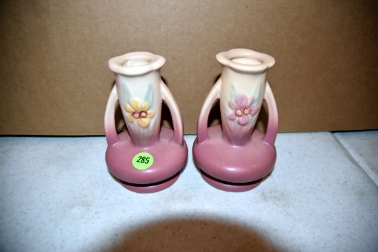 Pair Of Hull Pottery Iris Candleholders 411, 5"