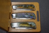 3 Knife Set, Bass Ducks And Deer, With Wooden Display Case