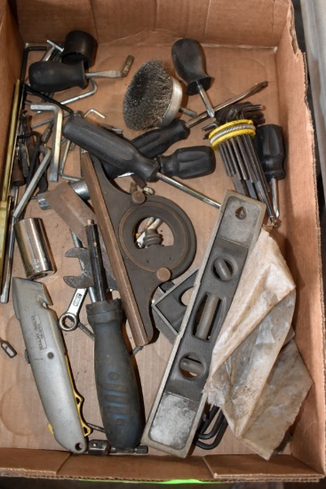 Assortment Of Screwdrivers, Allen Wrenches, Levels, Wire Brushes