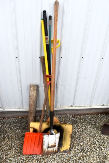 Assortment Of Forks And Shovels, With A WPA Pickaxe