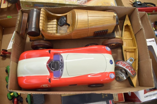 Custom Wooden Race Car, Metal Reproduction Car, Wooden Canoe, Coca Cola Reproduction Bottle Opener