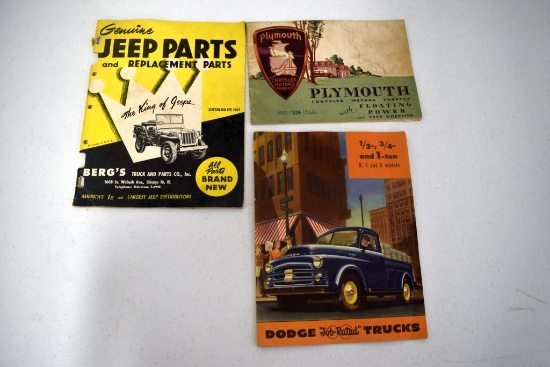 Jeep Parts Catalog Good Shape, Plymouth 20s And 30s Sale Brochure, 50s Dodge Truck 1/2 3/4 And 1 Ton