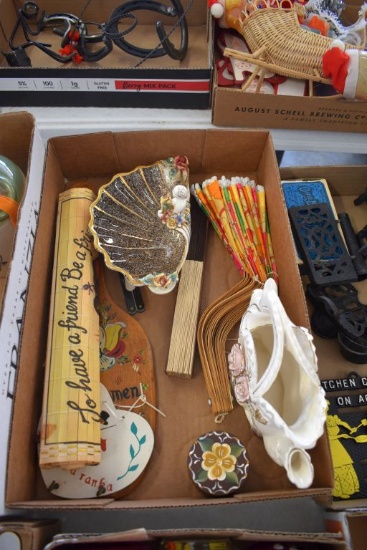 Assortment Of Fans, Porcelain Items, Rosemaling Paddle, 1984 Hummel Calendar