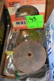 (3) Boxes Of Grease Gun, Tire Wrench, Turtle Wax, Sandpaper, Antique Hubcap