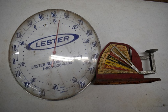 Lester Buildings Thermometer, Jiffy Way Egg Scale Owatonna MN
