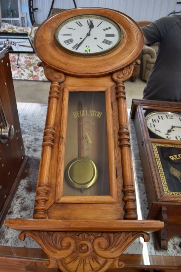 Antique Oak Regulator Wall Clock, 48'' Long