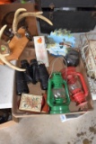 8 Point Whitetail Antlers, Sawblade With Picture, Match Safe, Dole Thermometer, Binoculars, 2 Lanter