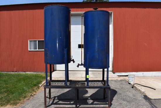 (2) 55 Gallon Bulk Oil Dispenser On Stand With Approx 10 Gallons Of JD SAE 15-40 Oil, John Deere Hy