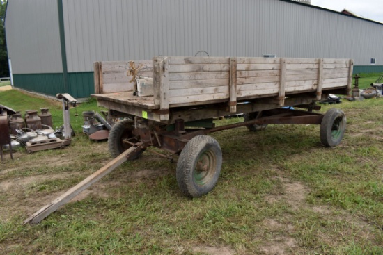 6'x14' Wooden Flatbed With Sides, On Running Gear With Hoist, Unknown If Hoist Works, Wooden Hitch