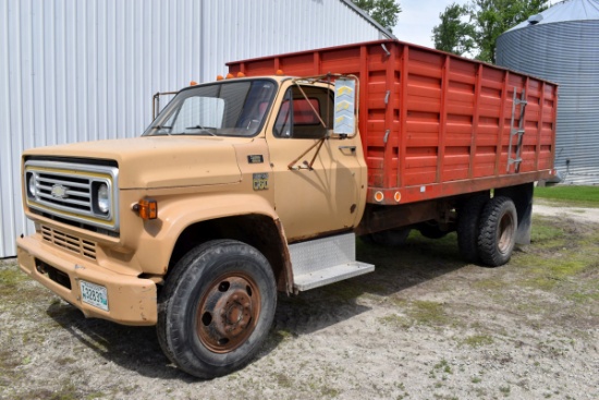 1977 Chev C60 Grain Truck Single Axle, 366 V8, 4x2sp, 69,613 Miles, 16’ Steel Box & Hoist, 8.25 x 20