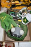 (2) John Deere Coffee Mugs, 2 John Deere Glass Back Clocks, JD Work Gloves, JD Clock