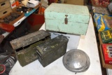 (2) Ammo Cans, (3) MG Hubcaps, Wooden Box