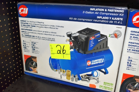 Campbell Hausfeld 3 Gallon Air Compressor 110PSI 120Volt, .51CFM @40PSI, Open Box Store Return