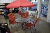 Glass Patio table with 3 Chairs And Umbrella, One Chair Is Broke