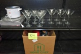 Martini Glasses, Crock Pot, Plates, Assortment Of Misc Kitchen Dishes