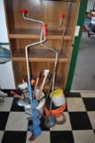 Assortment Of Ice Fishing Poles, Augers, Spear, Pail Inserts, Wooden Shelf